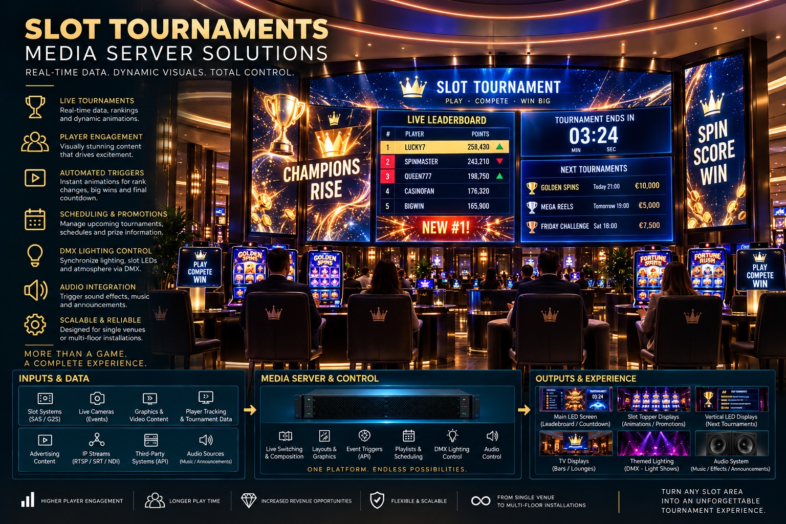 Media server solution for casino slot tournaments